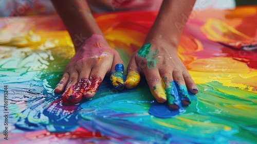 hands painting rainbow colors on a canvas for a Pride Month art project