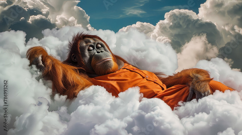 Illustration of an orangutan wearing an orange nightgown resting and sleeping soundly above the clouds