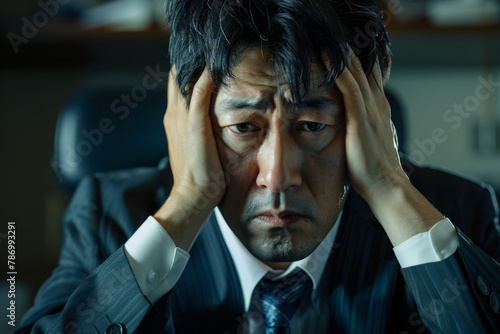 A tense Japanese businessman faces work challenges head-on in the office, his demeanor betraying the stress of the situation. photo