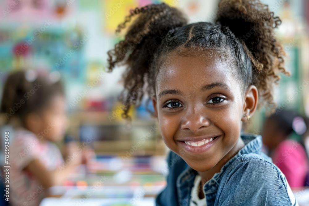 A young Afro-American girl smiles at the camera, immersed in an art and creativity class, showcasing her joy in learning and expression. A young Afro-American girl smiles at the camera, immersed in an art and creativity class, showcasing her joy in learning and expression.