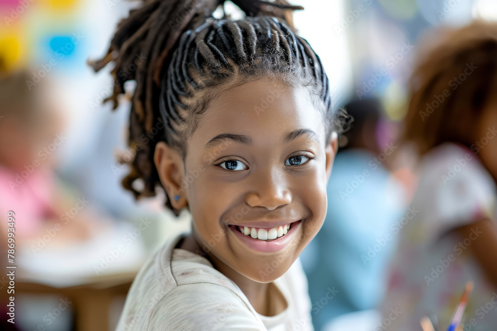 A young Afro-American girl smiles at the camera, immersed in an art and creativity class, showcasing her joy in learning and expression. A young Afro-American girl smiles at the camera, immersed in an art and creativity class, showcasing her joy in learning and expression.