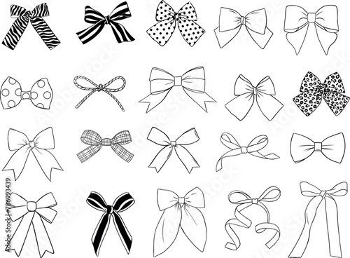 Bows - hand drawn bows, minimal, line art, vector bows, ribbon, bow, set of graphics (ID: 786993439)