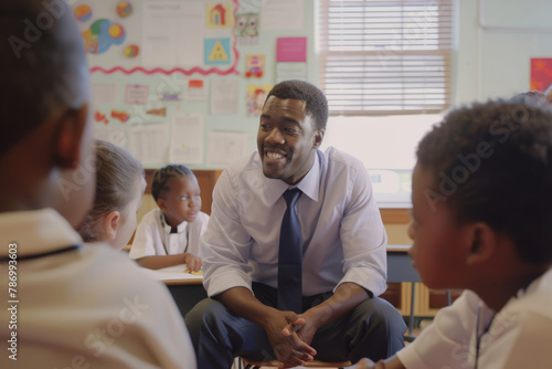 An Afro-American male teacher mentors primary school children in a class  fostering a nurturing learning environment.