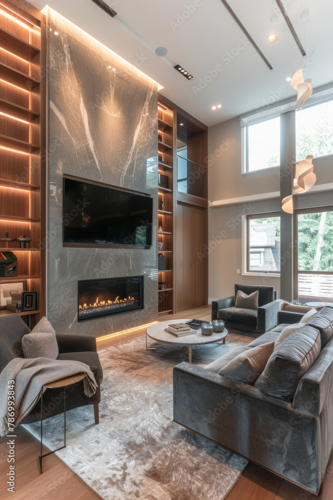An elegant living room in a deluxe country estate showcasing a marble ...