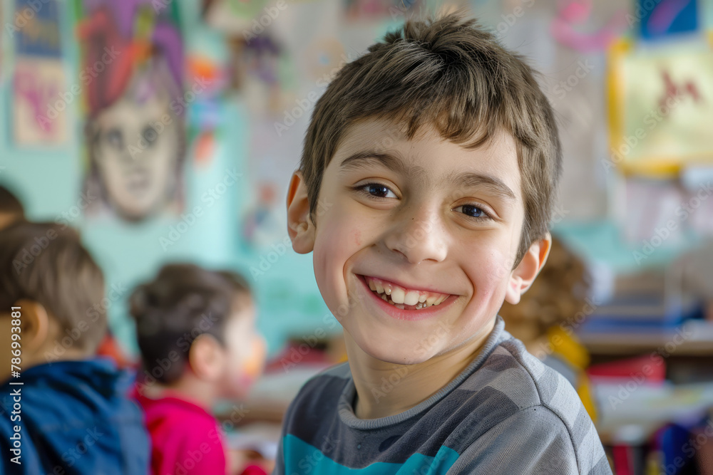 An enthusiastic Spanish boy smiles brightly in an art and creativity class, his passion for art evident in his cheerful expression. An enthusiastic Spanish boy smiles brightly in an art and creativity class, his passion for art evident in his cheerful expression.