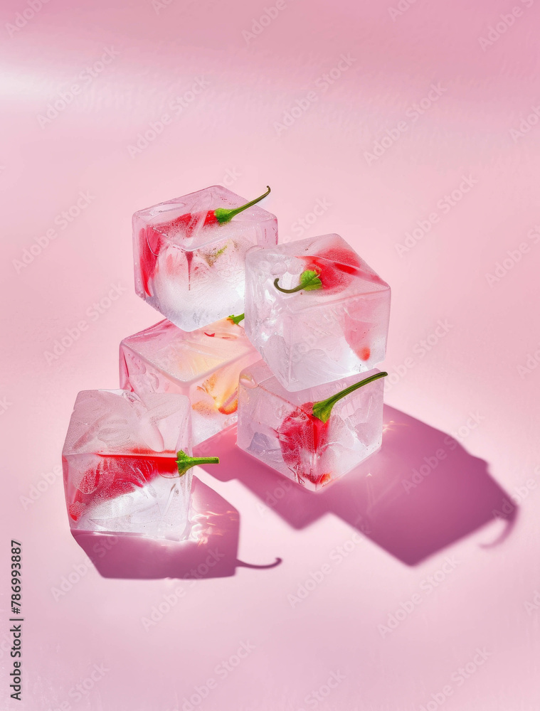 Chillies frozen in ice cubes, ice cube with chilli inside, light pastel pink background. Frozen food, sunlighten, summer, cosmetic idea.