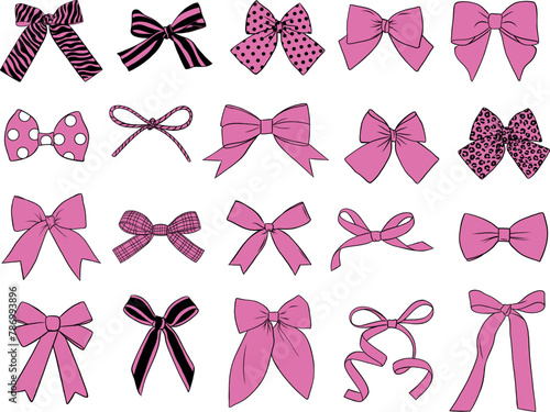 Bows - hand drawn pink bows, elegant, minimal bows, ribbon, set of graphics, vector (ID: 786993896)
