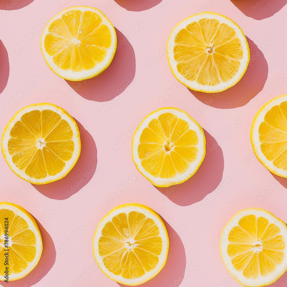 Obraz premium Minimalist lemon pattern on pastel pink background, simple and clean. Summer fruit background. Cosmetic aesthetic background.