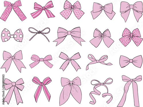 Bows - hand drawn decorative bows, minimal ribbon, pink elegant bows, set of graphics (ID: 786994063)