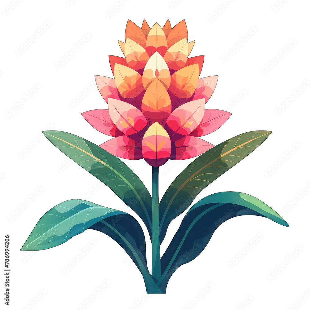 Minimalistic Flat Vector Illustration of Bromeliad Flower on White Background, Simple and Cute Design with Transparent Cut Out