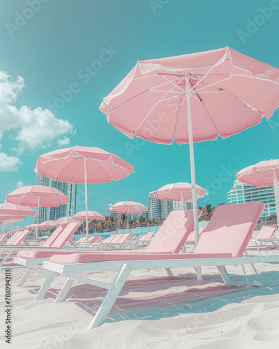 A aesthetic photo of pink and white beach chairs lined up on Miami Beach with umbrellas and buildings in the background, giving an aesthetic vibe with cool pastel colors. Summer concept. photo