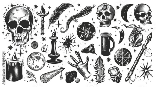 Hand drawn magic objects. Graphic occult elements. Bla photo