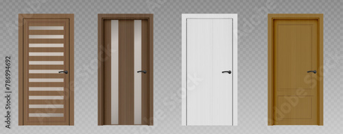 3d wooden realistic front door design isolated. Wood modern entrance in brown and white collection. House gate frame with metal handle closeup mockup asset set. Closed exit various doorframe mock up