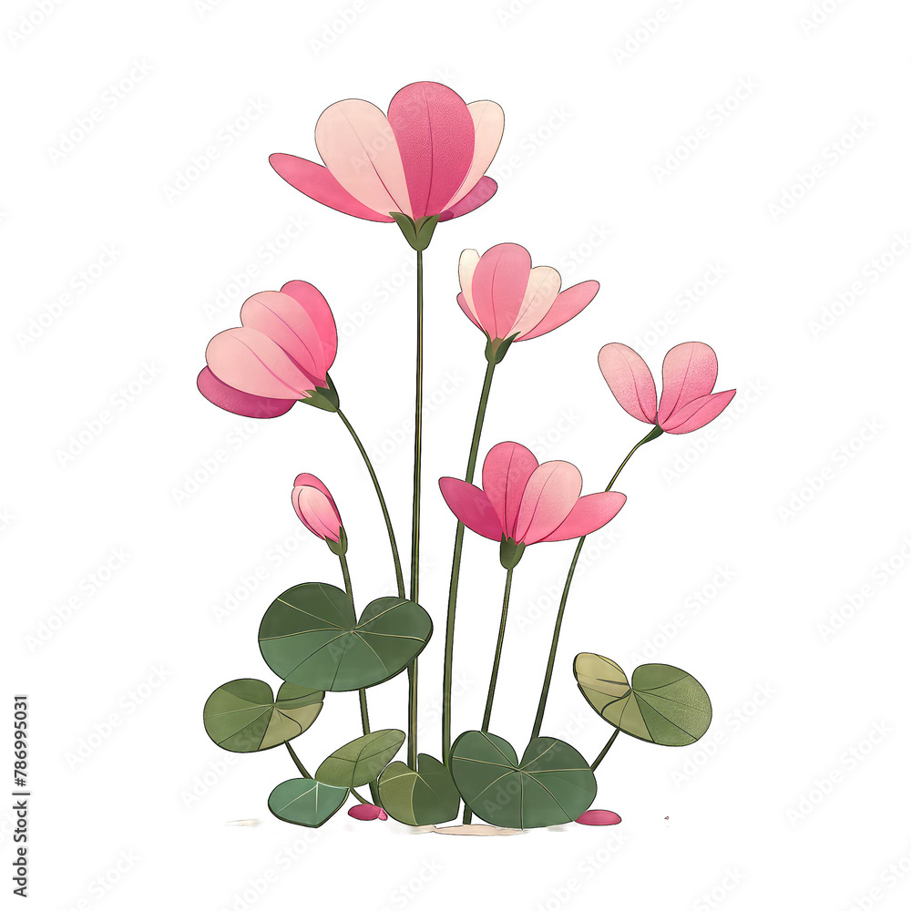 Minimalist Flat Vector Illustration of Cyclamen Flower on White Background - Simple and Cute Design with Transparent Cut Out PNG