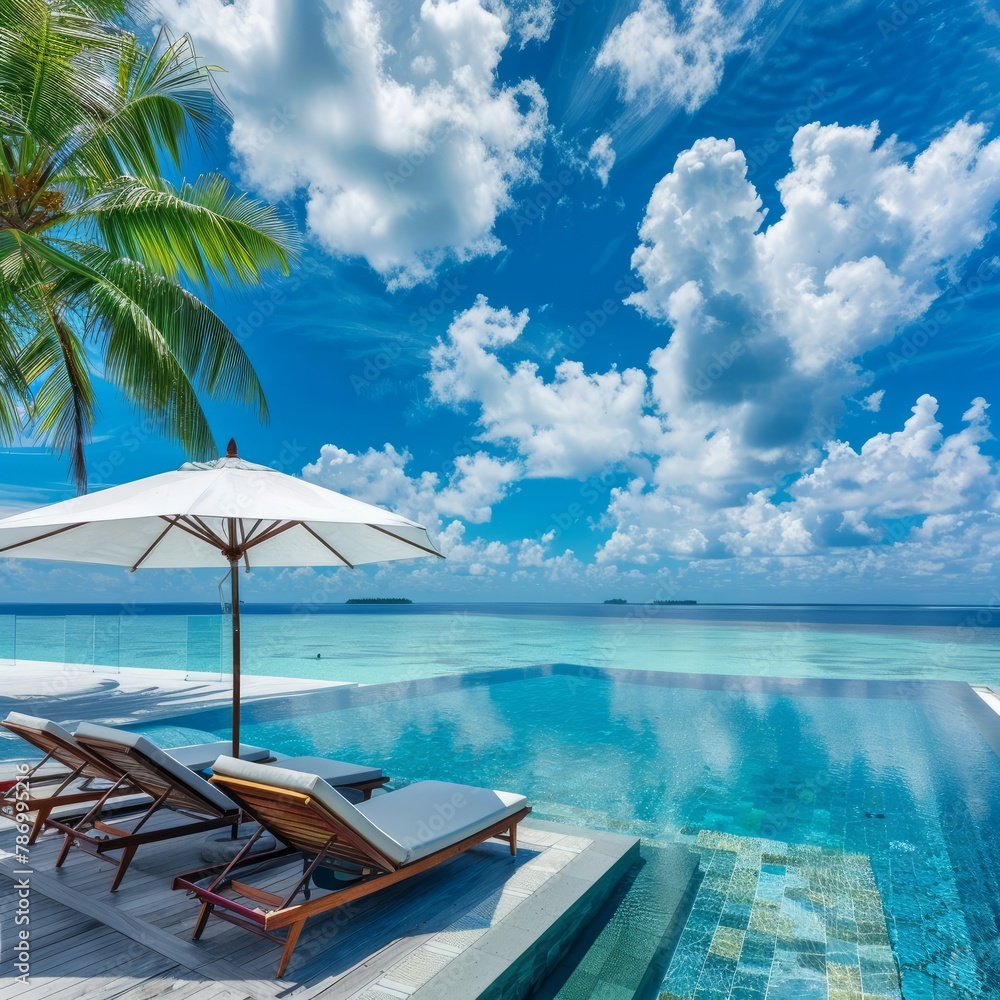 Stunning landscape, swimming pool blue sky with clouds. Tropical resort hotel in Maldives. Fantastic relax and peaceful vibes, chairs, loungers under umbrella and palm leaves. Luxury travel vacation a