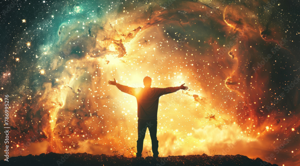 Universe, stars and person with freedom in galaxy for diving healing, mindfulness or awareness. Sky, constellation and abstract of nebula for faith, spiritual alignment and human connection to cosmos Universe, stars and person with freedom in galaxy for diving healing, mindfulness or awareness. Sky, constellation and abstract of nebula for faith, spiritual alignment and human connection to cosmos