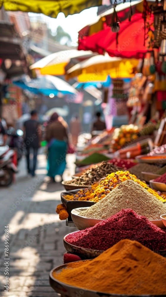A vibrant street market in a bustling bazaar, with vendors selling exotic spices, colorful textiles, and handmade crafts from around the world