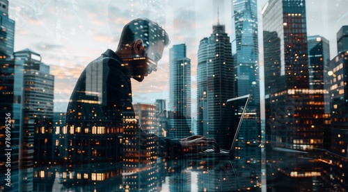 Double exposure of a businessman working on a laptop with a cityscape background in the reflection. The man is sitting at his desk using a computer with skyscrapers in the reflection. photo