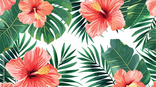 Exotic tropical flowers coral hibiscus palm leaves pa