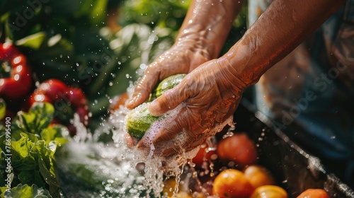 hands washing freshly picked produce under running water photo