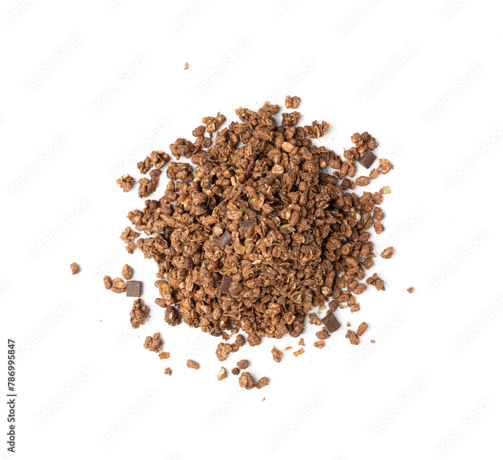 Chocolate Granola Pile Isolated, Cocoa Muesli Breakfast, Crunchy Cereals, Oatmeal Muesli Chocolate Granola Pile Isolated, Cocoa Muesli Breakfast, Crunchy Cereals, Oatmeal Muesli