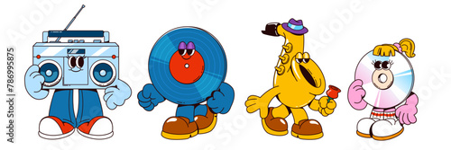 Retro music characters set isolated on white background. Vector cartoon illustration of vintage tape recorder, vinyl record, saxophone, cd disc mascots with eyes, legs, hands, 90s style disco design