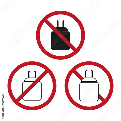 No plug sign. Red circle prohibition symbol. Electrical safety concept. Vector illustration. EPS 10. photo