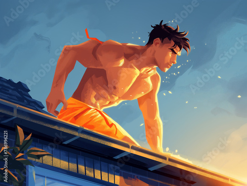 An illustrated male figure with a toned physique climbing over a wall at dusk.