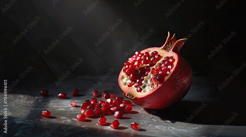 Sliced pomegranate with scattered seeds on a dark background Sliced pomegranate with scattered seeds on a dark background