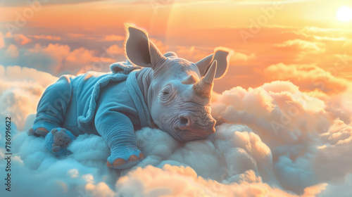 Illustration of a rhino wearing a blue nightgown resting and sleeping soundly above the clouds at dusk photo