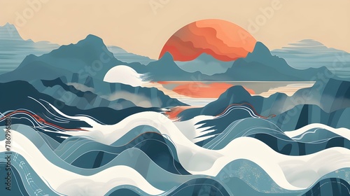 Vector illustration landscape. Wood surface texture. Hills, seascape, mountains. Japanese wave pattern. Mountain background. Asian style. Design for poster, book cover, web template, brochure