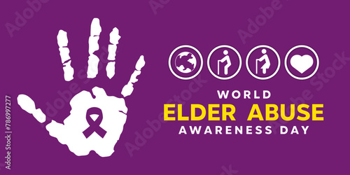 World Elder Abuse Awareness Day. Hand, ribbon, earth, people and heart. Great for cards, banners, posters, social media and more. Purple background.
