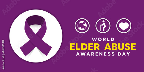 World Elder Abuse Awareness Day. Ribbon, earth, people and heart. Great for cards, banners, posters, social media and more. Purple background.
