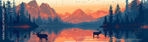 An evocative illustration capturing wildlife with elk by a mountain lake at dusk, reflecting the vibrant hues of the sunset.