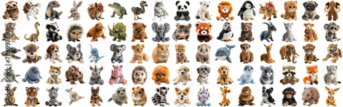 Big set of cute fluffy animal dolls for nursery and children toys  many animal plush dolls photo collection set  isolated background AIG44