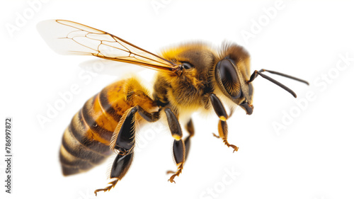 Close-up of a honeybee isolated on white, showcasing detailed wings and fuzzy body.