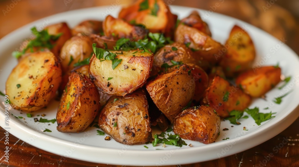 Country style potatoes served on a white plate Country style potatoes served on a white plate