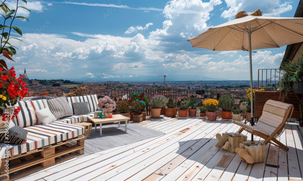 deck with white wood flooring, outdoor seating and umbrella for shade, overlooking city view with blue sky and clouds, plants in pots on the side of terrace