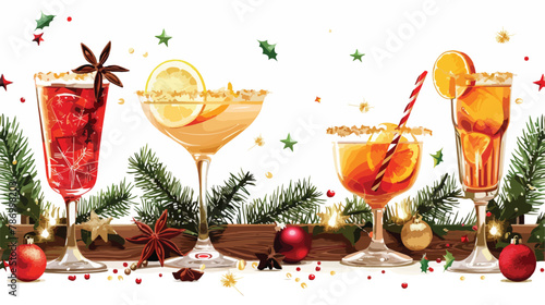 Festive drinks and Christmas decor on a wooden backdr