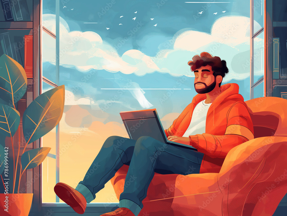 Illustration of a bearded man in casual clothes sitting on an armchair by a large window, working on a laptop with a serene sky in the background.