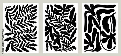 Abstract flower art set or collection. Floral organic doodle shapes in trendy naive retro style. Contemporary posters or placard and backgrounds. Floral botanic vector illustrations in black colors.