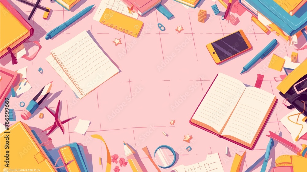 pink background with many variations of school equipment pink background with many variations of school equipment