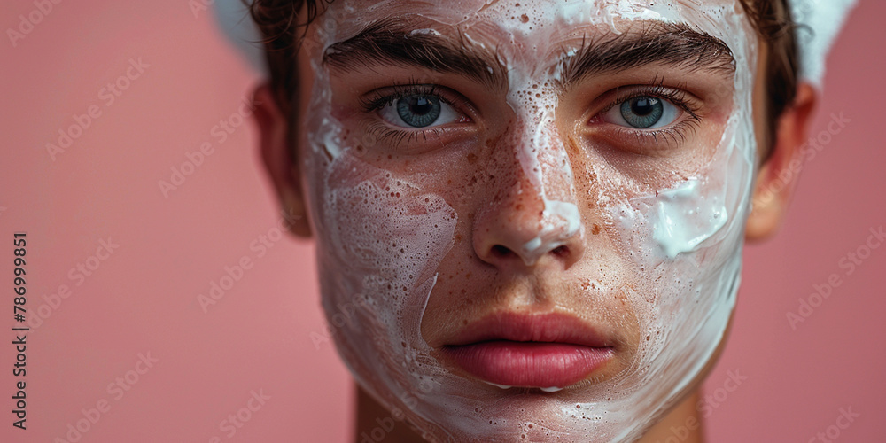 Young man applies cream mask on face has beauty session, wears bath cap, isolated over pink background. Facial treatment, man skin care concept Young man applies cream mask on face has beauty session, wears bath cap, isolated over pink background. Facial treatment, man skin care concept