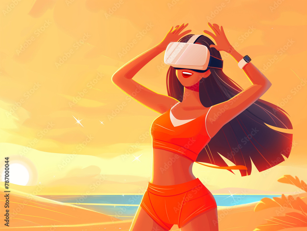 An illustration of a woman using virtual reality headset on a beach at sunset.