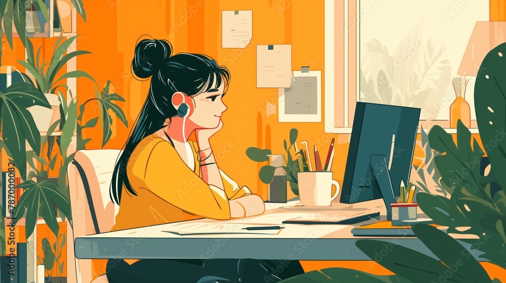 woman is working in front of the computer with a serious face woman is working in front of the computer with a serious face