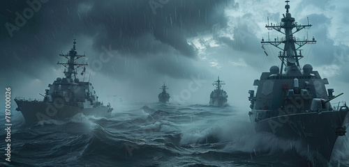 A navy fleet of warships, including the destroyer and frigate in front with a stormy sea background. © Kien