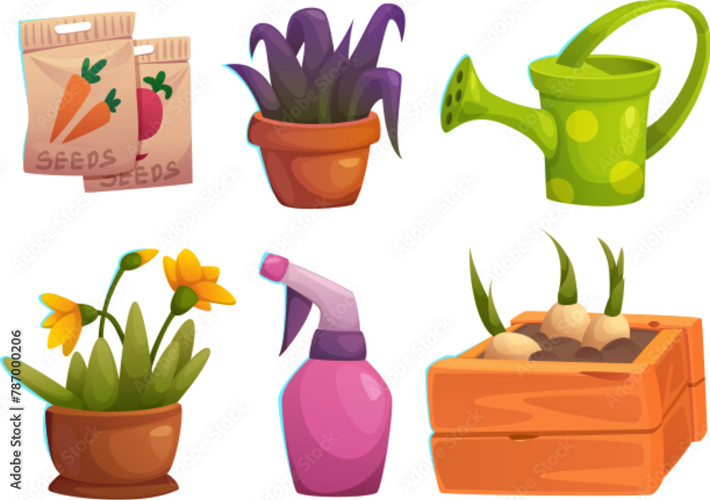 Gardening and greenhouse tools and supply. Cartoon vector illustration set of agriculture equipment and stuff - pack with carrot seeds, plants and blossom in pot, flower bulb in box, watering can. - obrazy, fototapety, plakaty 