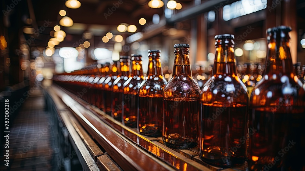 Brown beer bottles on a conveyor belt, workers in the background. Ideal for illustrating industrial food manufacturing, Generative AI.
