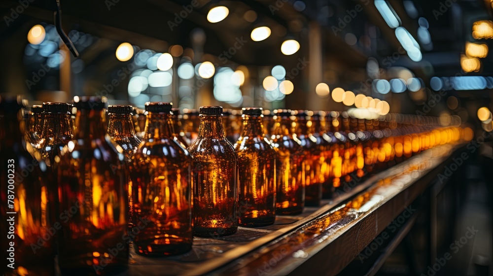 Brown beer bottles on a conveyor belt, workers in the background. Ideal for illustrating industrial food manufacturing, Generative AI. Brown beer bottles on a conveyor belt, workers in the background. Ideal for illustrating industrial food manufacturing, Generative AI.