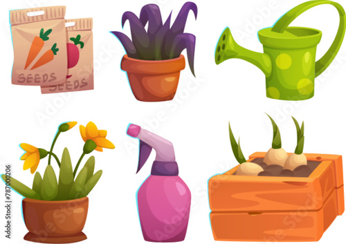 Gardening and greenhouse tools and supply. Cartoon vector illustration set of agriculture equipment and stuff - pack with carrot seeds, plants and blossom in pot, flower bulb in box, watering can. © klyaksun